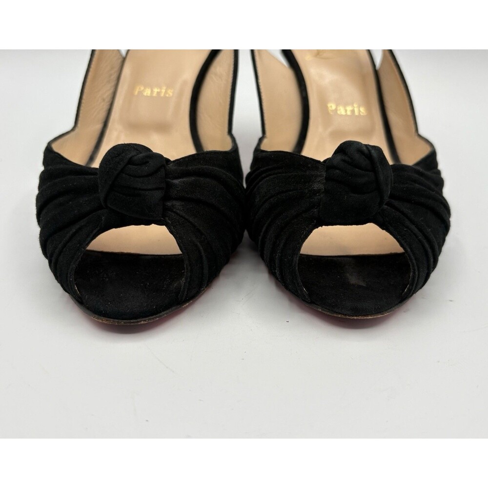 Christian Louboutin Black Suede Slingback Heels Peep Toe Knot Accent Sz EU 38.5 - Picture 7 of 12
